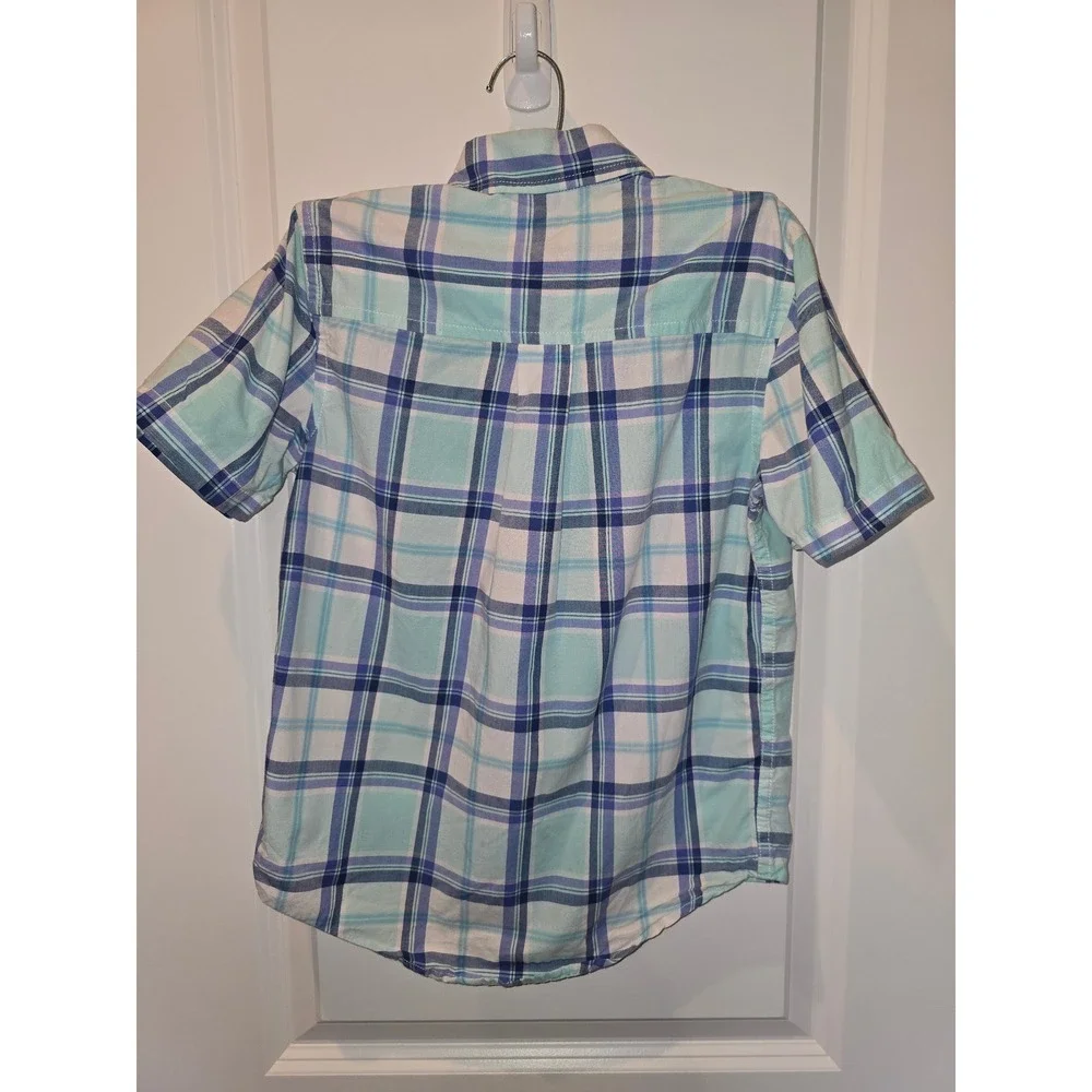 The Childrens Place Boys Teal Blue Plaid Short Sleeve Button Down Shirt Size 7/8